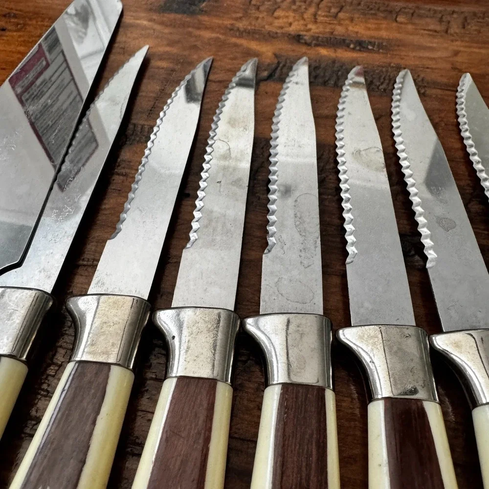 MCM Vintage 10 Regent Sheffield Kitchen Knives & One fork‎ Ivory Brown Leaf